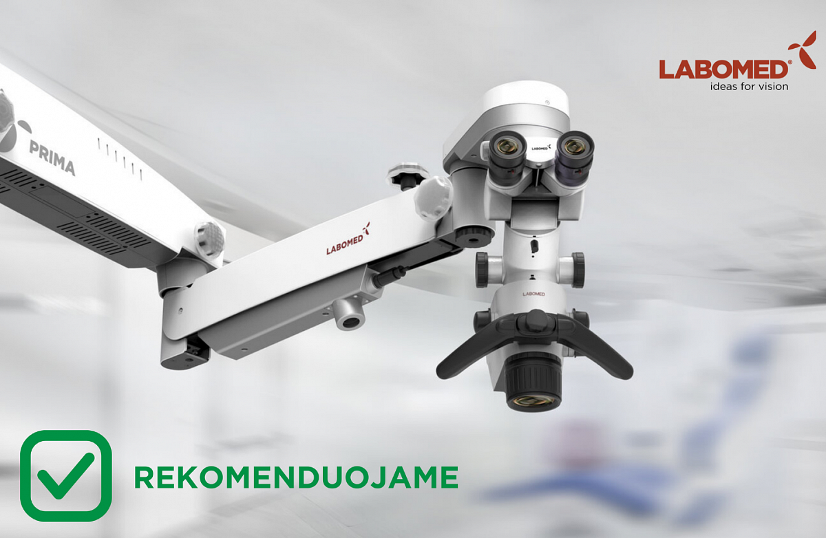 Labomed Prima Pro dantų mikroskopas - aukštos kokybės optika, ryškus apšvietimas ir ergonomiškas valdymas